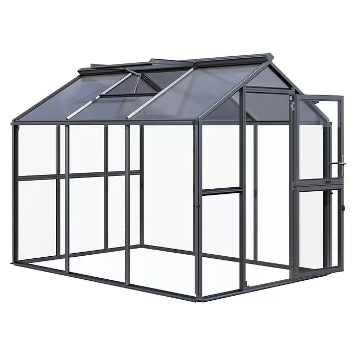 KGT Gewächshaus Galant III - Außenmaß inkl. Dachüberstand (B x T): 216 x 308 cm, Material Seitenwand: Glas, 4 mm, Anthrazit-Grau - Graues Aluminium-Gewächshaus mit klaren Scheiben, Satteldach, offener Tür und Dachluken.