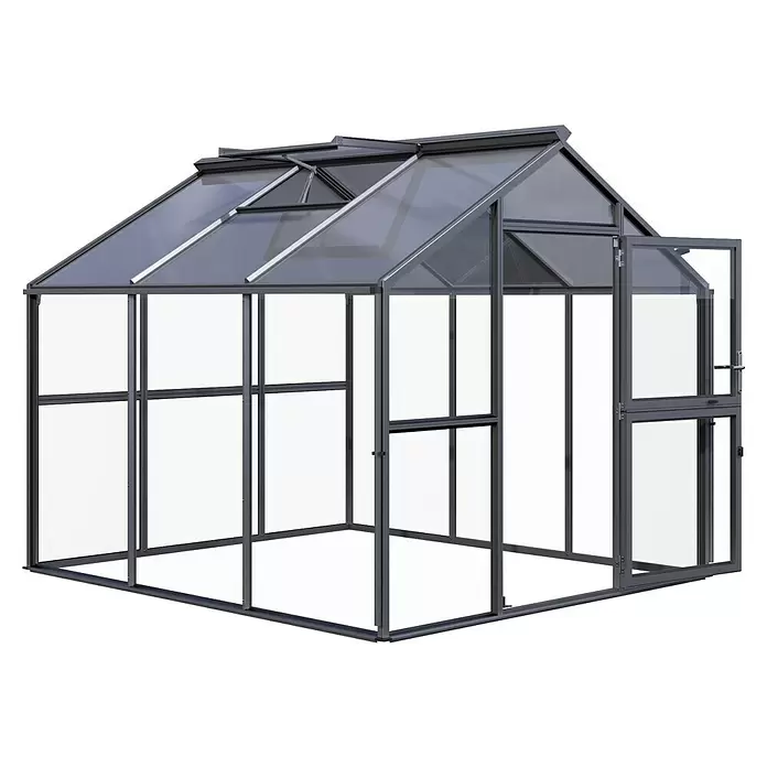 KGT Gewächshaus Novum III - Außenmaß inkl. Dachüberstand (B x T): 273 x 208 cm, Material Seitenwand: Glas, 4 mm, Anthrazit-Grau - Graues Gewächshaus mit Metallrahmen, transparenten Platten, offener Tür und Dachluken.