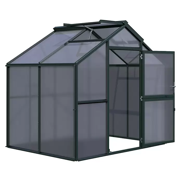 KGT Gewächshaus Novum II - Außenmaß inkl. Dachüberstand (B x T): 273 x 208 cm, Material Seitenwand: Kunststoff, 10 mm, Tannengrün - Dunkelgrünes Gewächshaus mit lichtdurchlässigen Wellplatten, offener Tür und Dachluke.