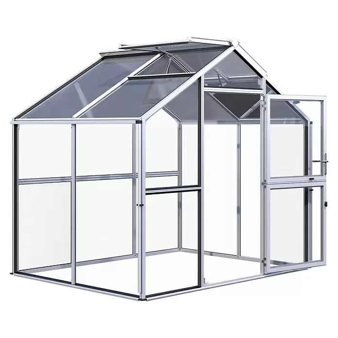 KGT Gewächshaus Novum II - Außenmaß inkl. Dachüberstand (B x T): 273 x 208 cm, Material Seitenwand: Glas, 4 mm, Pressblank - Silbernes Aluminium-Gewächshaus mit transparenten Paneelen, offener Tür und Dachfenstern zur Belüftung.