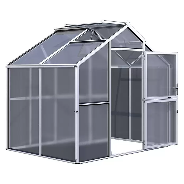 KGT Gewächshaus Novum II - Außenmaß inkl. Dachüberstand (B x T): 273 x 208 cm, Material Seitenwand: Kunststoff, 10 mm, Pressblank - Silbergerahmtes Gewächshaus mit lichtdurchlässigen Wellpolycarbonatplatten, offener Tür und Dachluken.