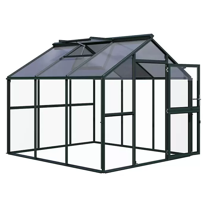 KGT Gewächshaus Novum III - Außenmaß inkl. Dachüberstand (B x T): 273 x 208 cm, Material Seitenwand: Glas, 4 mm, Tannengrün - Dunkelgrünes Gewächshaus mit klaren Scheiben, Dachfenstern und geöffneter Tür.