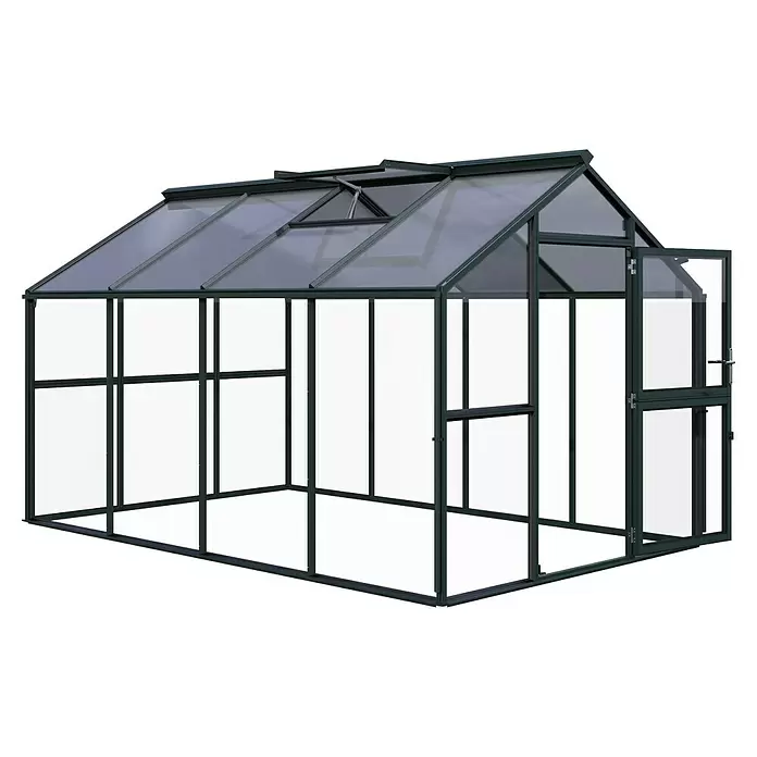 KGT Gewächshaus Novum IV - Außenmaß inkl. Dachüberstand (B x T): 273 x 408 cm, Material Seitenwand: Glas, 4 mm, Tannengrün - Dunkelgraues Gewächshaus mit lichtdurchlässigen Platten, Dachfenster und Tür für den Pflanzenanbau.