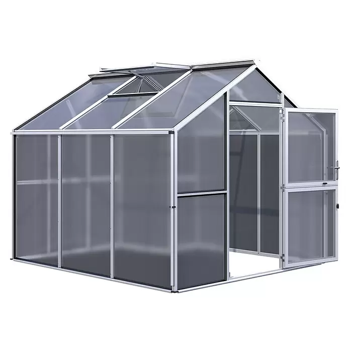 KGT Gewächshaus Novum III - Außenmaß inkl. Dachüberstand (B x T): 273 x 208 cm, Material Seitenwand: Kunststoff, 10 mm, Pressblank - Modernes Gewächshaus mit transparenten Polycarbonatplatten und weißem Metallrahmen, offener Tür und zwei geöffneten Dachfenstern.