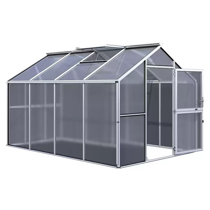 KGT Gewächshaus Novum IV - Außenmaß inkl. Dachüberstand (B x T): 273 x 408 cm, Material Seitenwand: Kunststoff, 10 mm, Pressblank - Silbergerahmtes Gewächshaus mit lichtdurchlässigen Platten, geöffneter Dachluke und offener Tür.