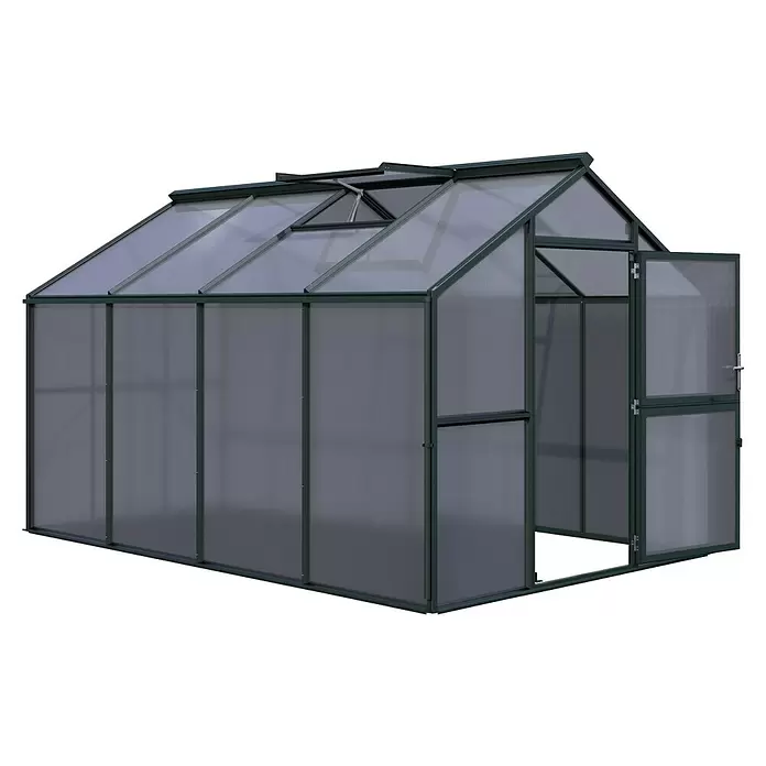 KGT Gewächshaus Novum IV - Außenmaß inkl. Dachüberstand (B x T): 273 x 408 cm, Material Seitenwand: Kunststoff, 10 mm, Tannengrün - Dunkelgrünes Gewächshaus mit lichtdurchlässigen Platten, offenem Dachfenster und offener Tür, ideal für den Gartenbau.