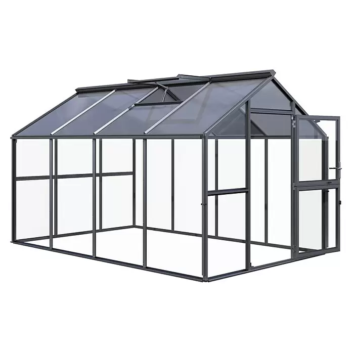 KGT Gewächshaus Novum IV - Außenmaß inkl. Dachüberstand (B x T): 273 x 408 cm, Material Seitenwand: Glas, 4 mm, Anthrazit-Grau - Graues Aluminium-Gewächshaus mit transparenten Paneelen und Dachluke, Tür offen.