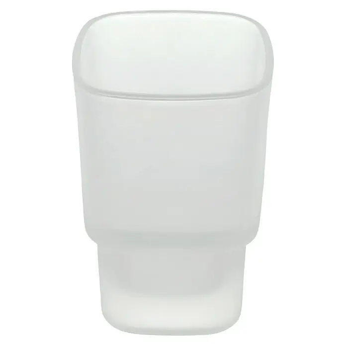 Keuco Elegance Zahnputzglas - Kristallglas, Satiniert - Nahaufnahme eines frostigen, zylindrischen Trinkglases mit abgerundeten Ecken, das eine elegante und moderne Ästhetik ausstrahlt.