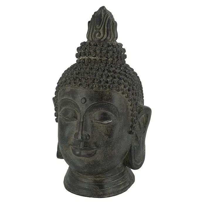 Buddhakopf Padma - 42 x 38 x 77 cm, Schwarz - Nahaufnahme einer dunklen Buddha-Statue mit detaillierter Haarstruktur und friedlichem Gesichtsausdruck.