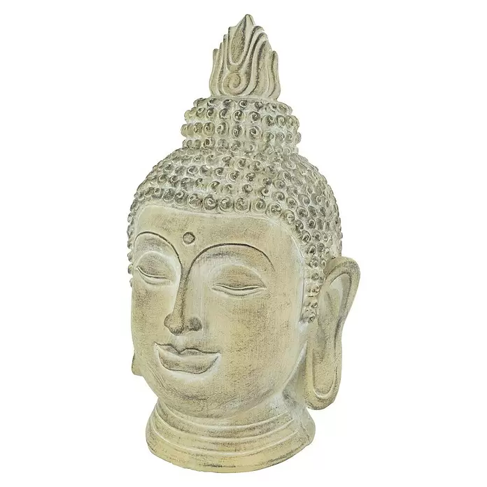 Buddhakopf Padma - 32 x 31 x 54 cm, Weiß - Helle beige Buddha-Kopf-Statue mit strukturierten Details und ruhigen geschlossenen Augen.