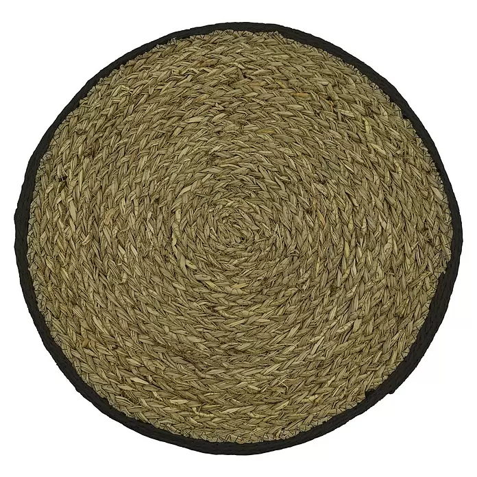 Tisch-Set Maui - Durchmesser: 38 cm, Natur/Schwarz - Runde Matte aus geflochtenen Naturfasern mit dunklem Stoffrand und sichtbaren Nähten.