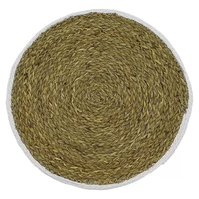 Tisch-Set Maui - Durchmesser: 38 cm, Natur/Weiß - Runde Matte aus gewebten Naturfasern mit weißem, genähtem Rand.