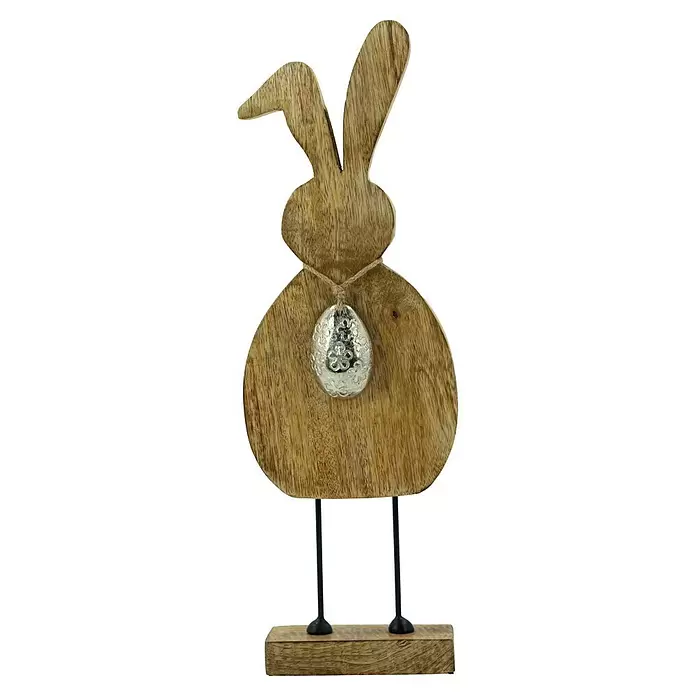 Dekofigur Hase auf Füßen - 15 x 6 x 42 cm, Natur, Holz - Osterhase aus Holz mit schwarzen Metallbeinen auf einem Holzsockel und einem silbernen Eier-Anhänger.