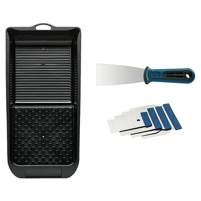 Kit de accesorios de carrocero - Acero - Imagen de una bandeja de pintura con rodillos de pintura y espátulas. Este conjunto es ideal para trabajos de pintura y renovaciones.
