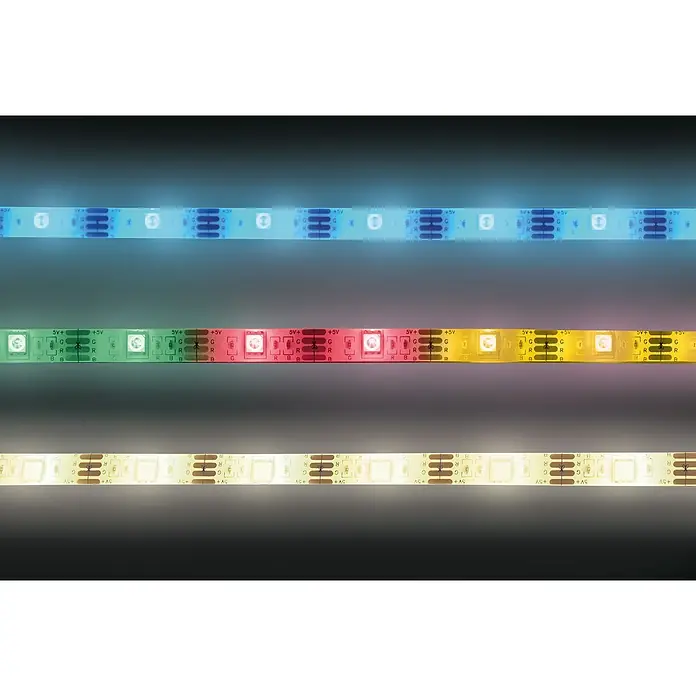MegaLight LED-Stripes - Länge: 5 m, RGB, 250 lm - Nahaufnahme von LED-Streifen, die verschiedene Farben anzeigen und vielseitige Beleuchtungsoptionen für Ambiente und Dekoration bieten.