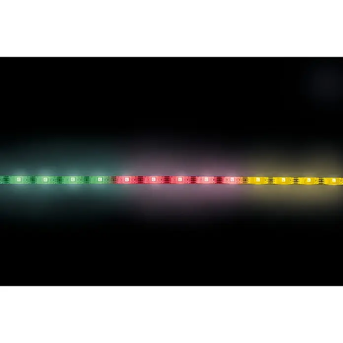 MegaLight LED-Stripes - Länge: 5 m, RGB, 250 lm - LED-Streifen leuchten in Grün, Rot und Gelb vor einem dunklen Hintergrund. Der RGB LED-Streifen erzeugt eine stimmungsvolle Beleuchtung.