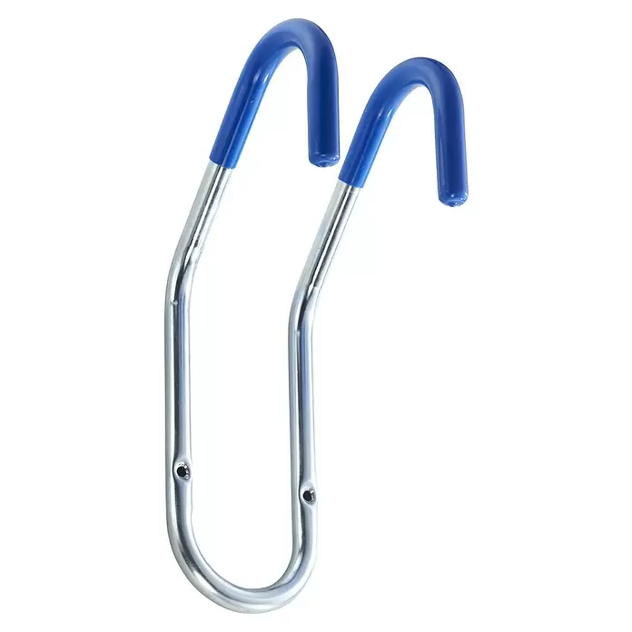 Mottez Gancho de pared para bicicletas - Diámetro: 16 mm, Acero, Plateado - Dos ganchos de almacenamiento de metal plateado con revestimiento de plástico azul, para colgar bicicletas u otros objetos.