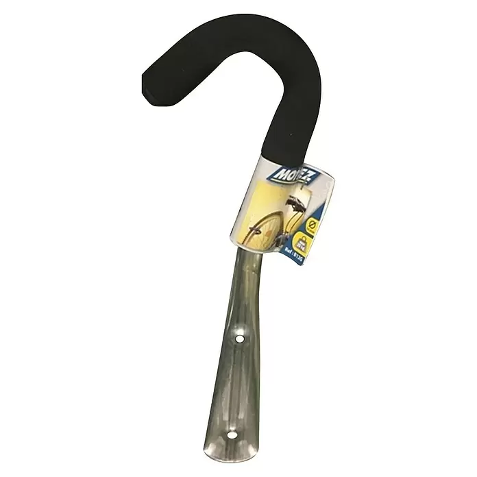 Mottez Fahrrad-Wandhaken Schaum gebogen - Stahl, Schwarz - Schwarz schaumstoffummantelte, gebogene Fahrrad-Wandhalterung mit silbernem Metallsockel und Produktetikett.