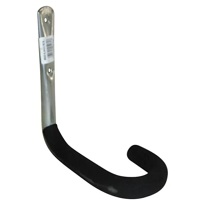 Mottez Fahrrad-Wandhaken Schaum gebogen - Stahl, Schwarz - Silberner Metall-Gerätehaken mit schwarzem gummiertem Arm und Befestigungslöchern.