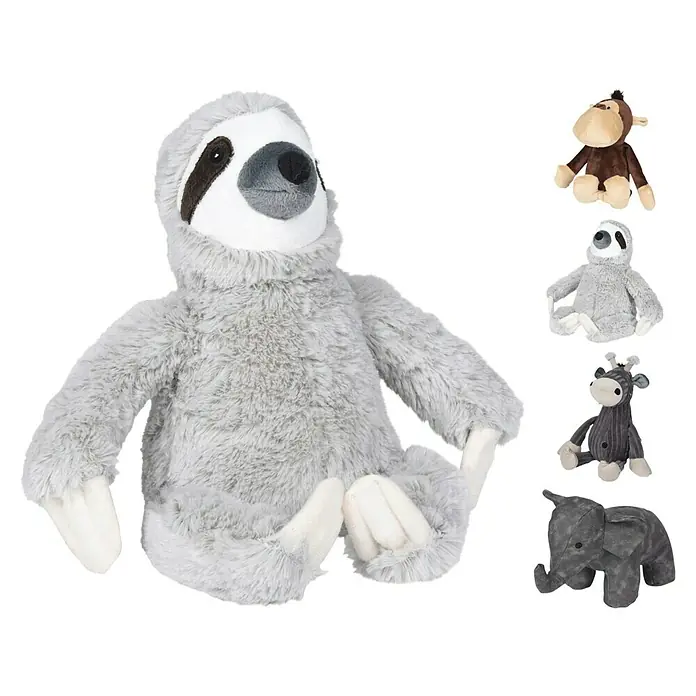 Tope de puerta Animales II - 1 ud., Surtido - Un adorable peluche de perezoso gris con ojos de botón y garras blancas es el protagonista. Otros peluches también están en la imagen.