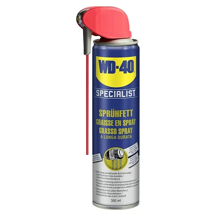 WD-40 Specialist Ketten-Sprühfett - 300 ml - Blaue WD-40 Specialist Sprühfett-Dose mit gelbem Etikett und rotem Smart Straw Applikator.