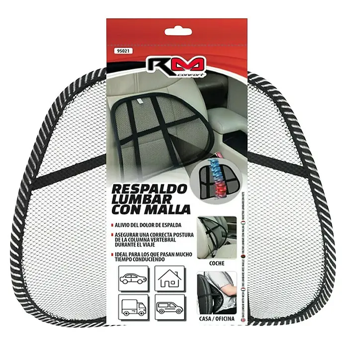 Rolmovil Soporte lumbar - Negro - Imagen del soporte lumbar de malla para coche, oficina u hogar. El producto asegura una postura correcta y alivia el dolor de espalda.