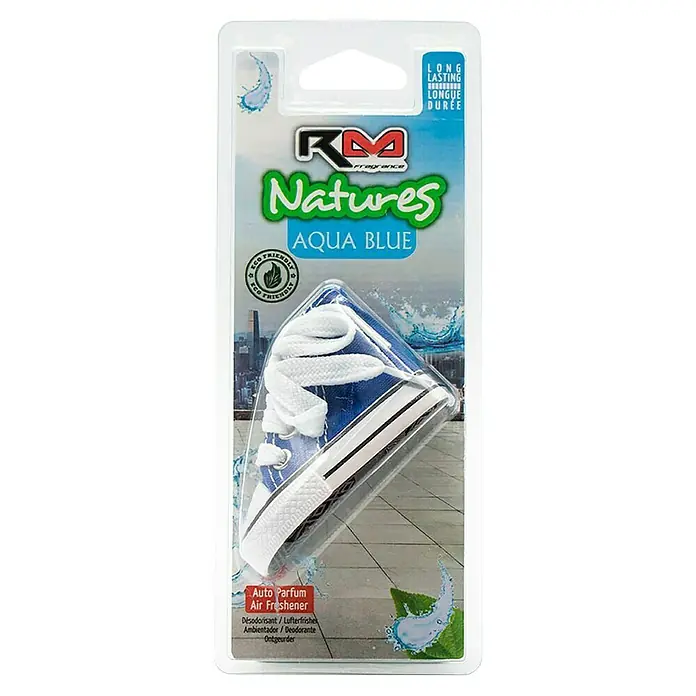 Rolmovil Ambientador de coche Basket - Aqua Blue, Azul, 15 días - Ambientador RM Natures Aqua Blue con forma de zapatilla azul para una fragancia agradable y duradera en el coche.