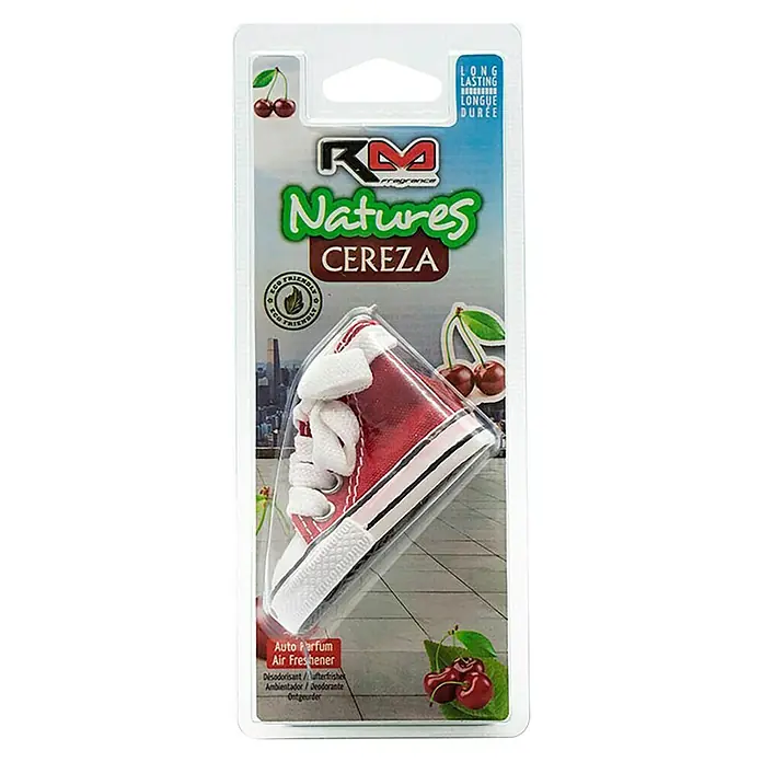 Rolmovil Ambientador de coche Basket - Cherry, Rojo, 15 días - Un ambientador para coche con aroma a cereza en forma de zapatilla deportiva roja de RM Fragrance, en un envase de plástico transparente.