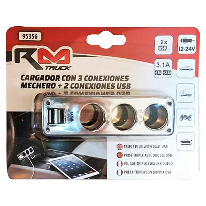 Rolmovil Cargador de encendedor de automóvil USB - 2 conexiones USB - Cargador de coche plateado con 3 tomas de mechero y 2 puertos USB, en embalaje, cargando una tableta en un coche.