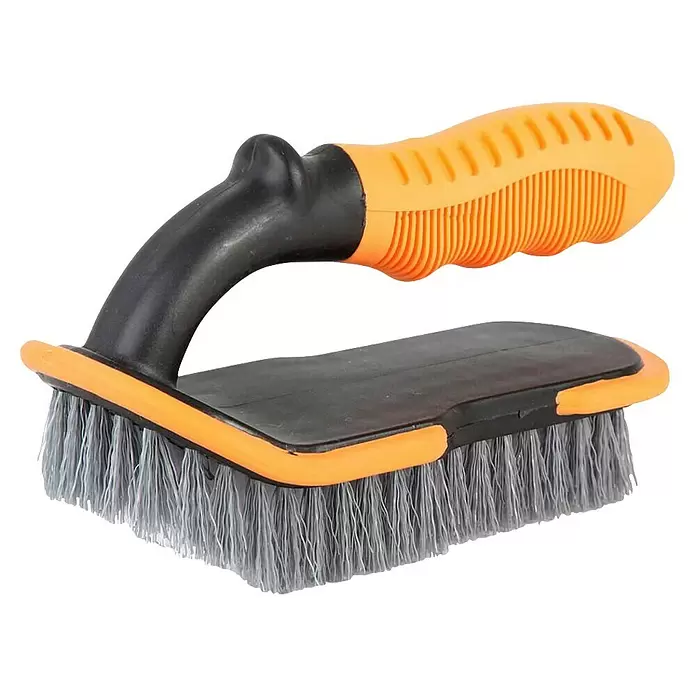 Rolmovil Clean Cepillo para tapicería - L x An: 15 x 12 cm - Cepillo de fregar negro y amarillo con cerdas grises.