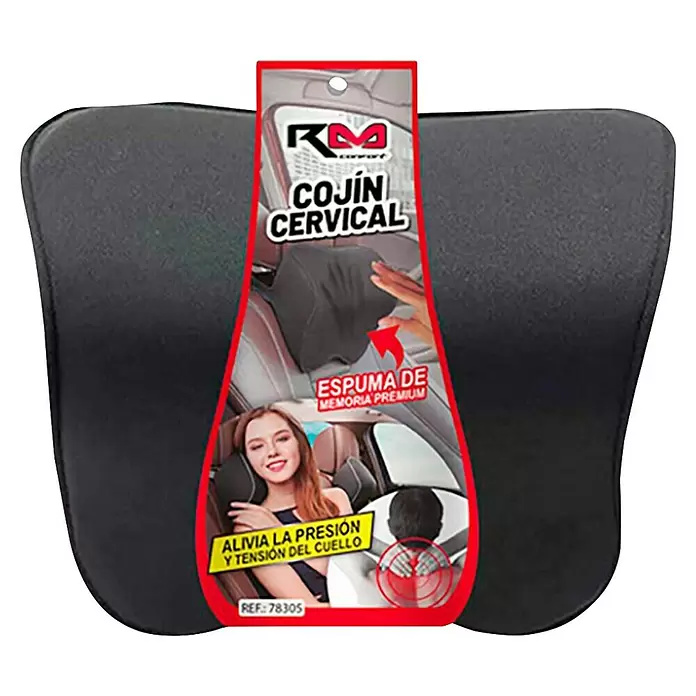 Rolmovil Almohada cervical Memory Foam - Espuma de poliuretano, Negro - Cojín cervical negro de espuma viscoelástica para coche con etiqueta que resalta el alivio de la presión.