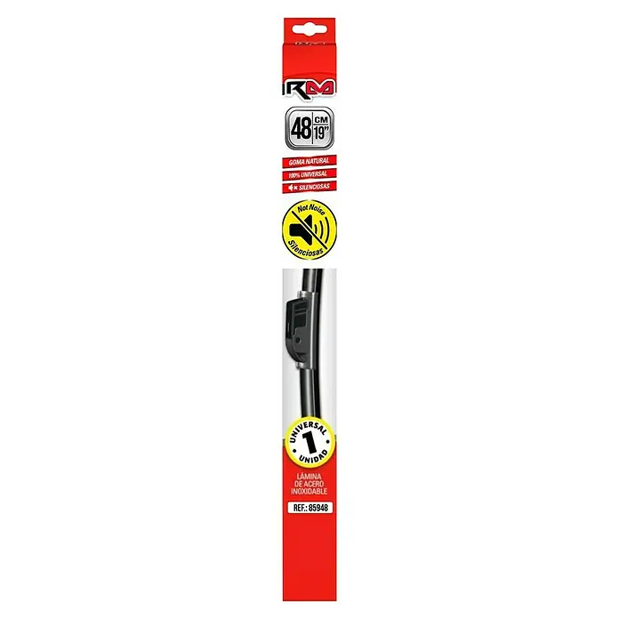 Rolmovil Goma de escobilla limpiaparabrisas - Largo: 48 cm, Acero inoxidable - Imagen de un limpiaparabrisas, etiquetado "48 cm 19", que anuncia su función silenciosa y ajuste universal.