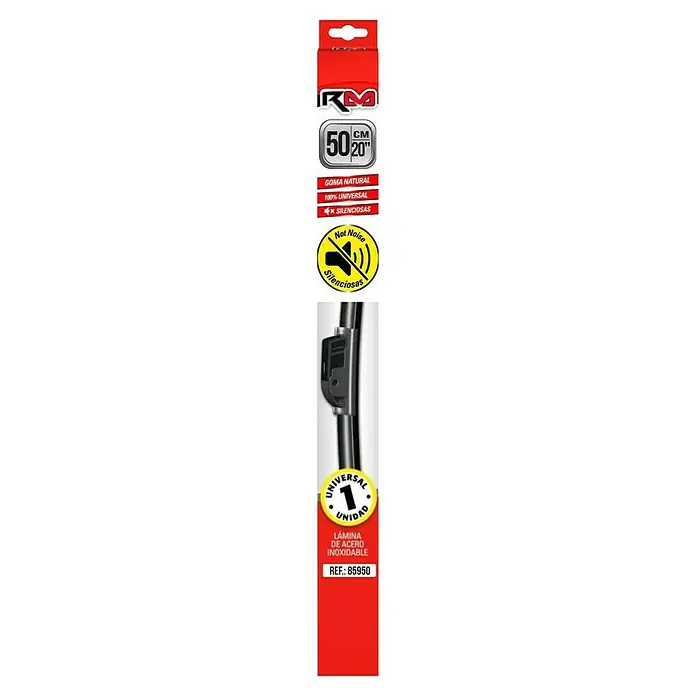 Rolmovil Goma de escobilla limpiaparabrisas - Largo: 50 cm, Acero inoxidable - Embalaje del producto para un limpiaparabrisas de 50cm/20", etiquetado como "Sin ruido" y "Lámina de acero inoxidable".