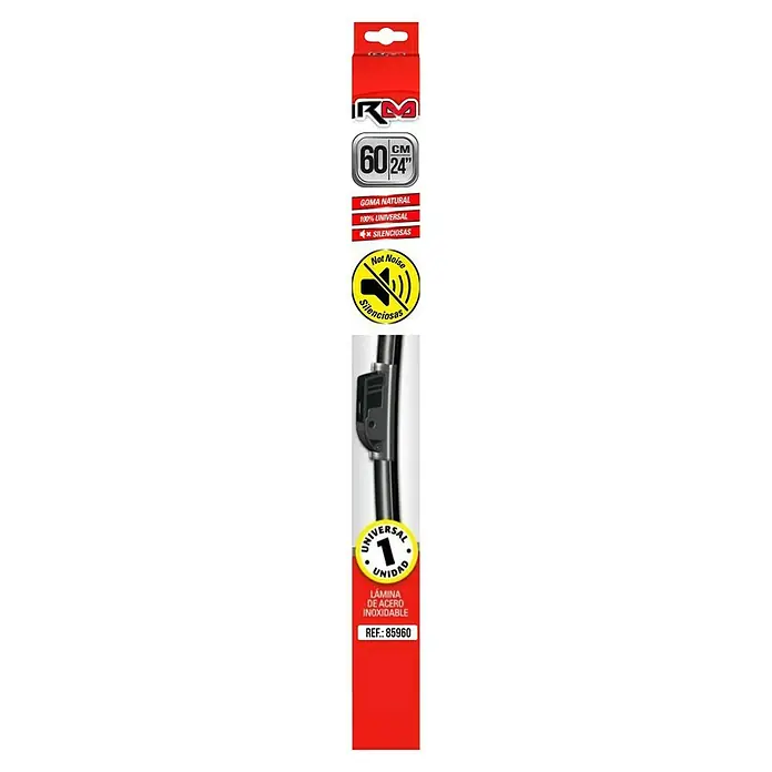 Rolmovil Goma de escobilla limpiaparabrisas - Largo: 60 cm, Acero inoxidable - Imagen de un envase de limpiaparabrisas RKM, que destaca su tamaño de 60 cm/24", funcionamiento silencioso y ajuste universal.