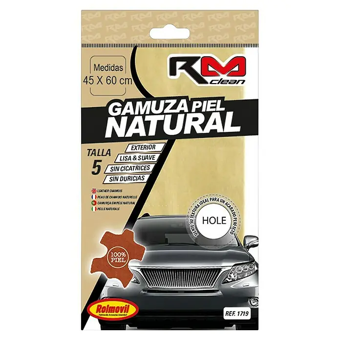 Rolmovil Clean Gamuza - L x An: 37 x 30 cm, Piel - Imagen de un embalaje de trapo de limpieza de cuero para coche RM clean Gamuza Piel Natural con un tamaño de 45 x 60 cm.