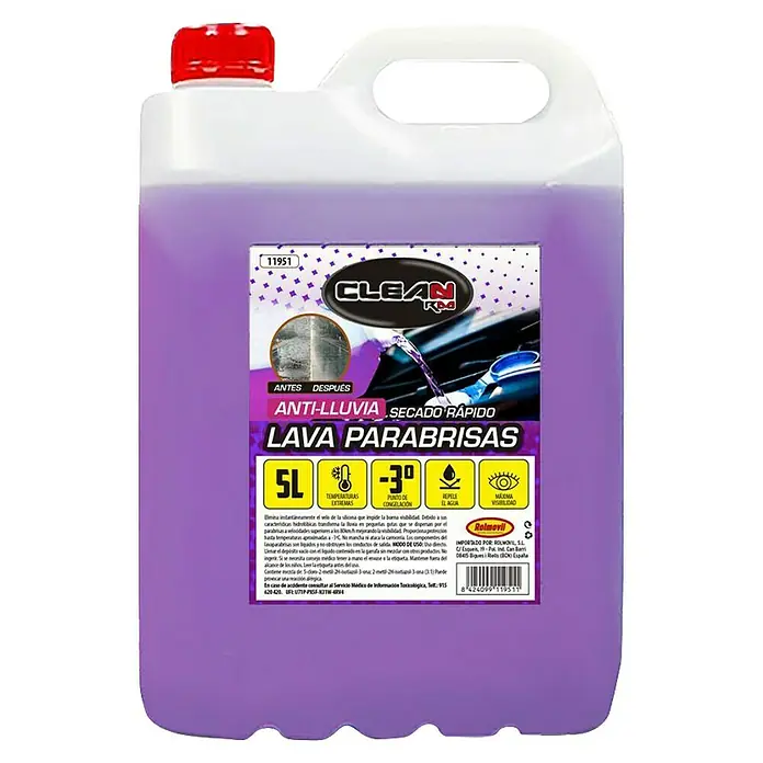 Rolmovil Clean Concentrado limpiaparabrisas anti lluvia - 5 l - Imagen de un envase de líquido limpiaparabrisas morado "Clean R&D", que promete una visibilidad clara en todo clima.