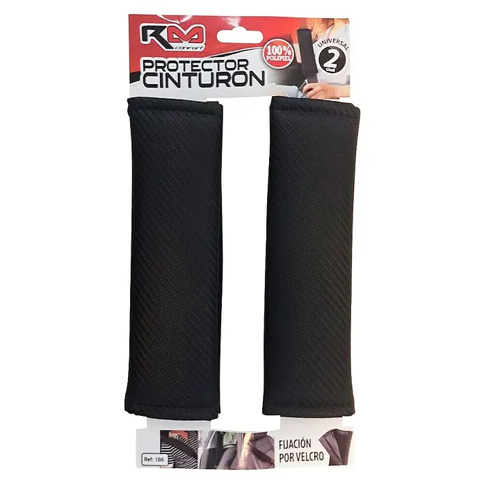 Rolmovil Funda para el cinturón - Cuero artificial, Automóviles - En la imagen, dos protectores de cinturón negros de KM Comfort, etiquetados "Protector Cinturón" y "Fijación por Velcro", diseñados para uso universal.