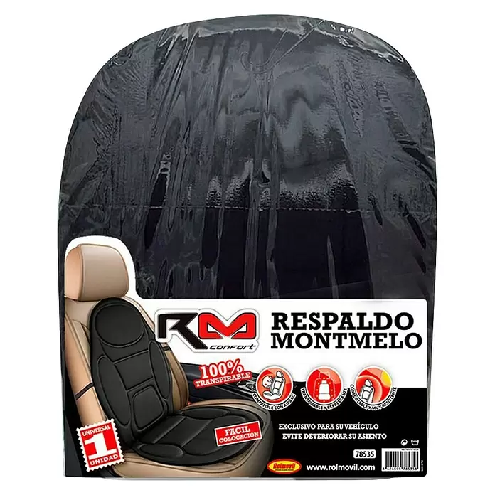 Rolmovil Respaldo Montmeló - Negro, Poliéster - Cojín ergonómico negro transpirable para asiento de coche, mostrado en un asiento, con su embalaje.