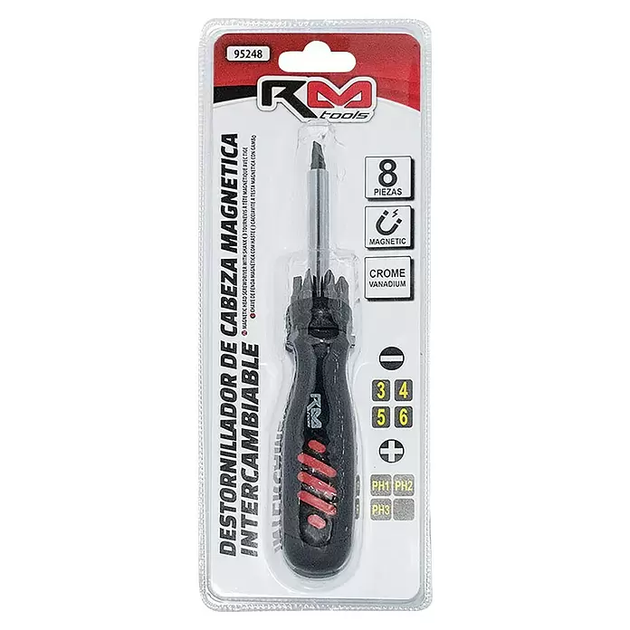 Rolmovil Destornillador de punta intercambiable - 8 pzs. - Set de destornillador magnético intercambiable RM Tools con mango negro, vástago metálico y 7 puntas de cromo vanadio (planas, Phillips).