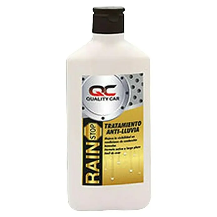 Protector de lluvia QC - 250 l - Imagen del producto de una botella de QC Quality Car Rain Stop tratamiento antilluvia para coches, mejora la visibilidad en lluvia.