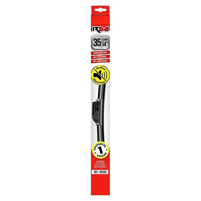 Rolmovil Goma de escobilla limpiaparabrisas - Largo: 35 cm, Acero inoxidable - Embalaje de un limpiaparabrisas de 35 cm/14 pulgadas, con indicaciones sobre material, características y número de referencia.