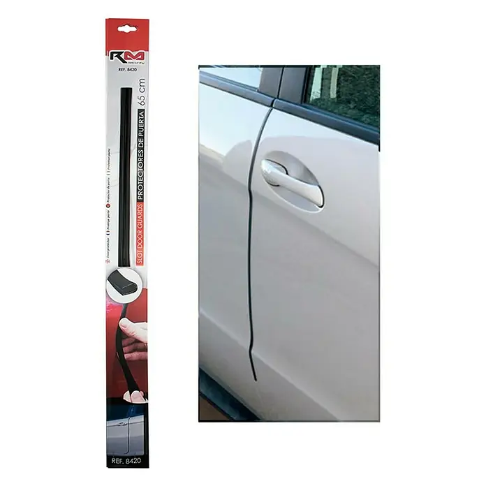 Rolmovil Perfil protector - Largo: 65 cm, Negro, 2 ud. - Imagen de un coche blanco con protectores de bordes de puerta negros instalados y embalaje promocionando el producto.