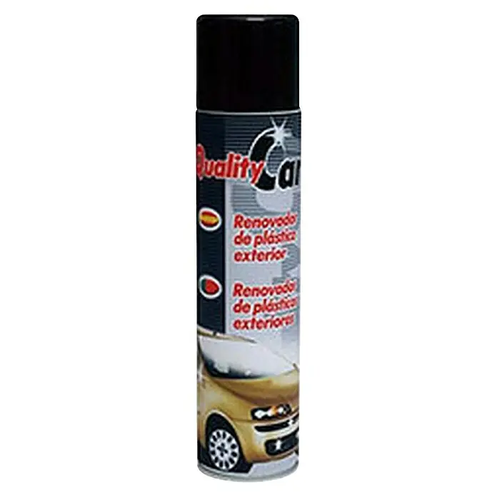 Limpiador abrillantador QC - 400 ml - Vista detallada de un aerosol renovador de plástico Quality Car para uso exterior con una ilustración de un coche dorado.