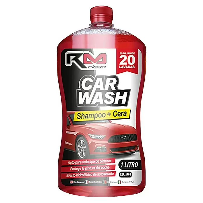 Rolmovil Detergente para automóvil con cera - 1 l - Botella roja de plástico KM clean champú + cera, 1 litro, para protección de la pintura y efecto hidrofóbico.