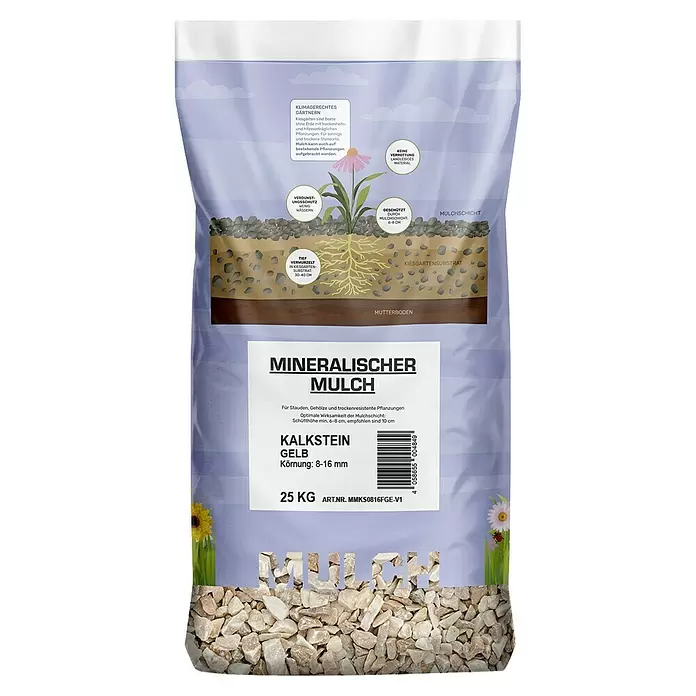 Min2C Mulch Mineralisch - Gelb, Körnung: 8 mm - 16 mm, 25 kg - Ein 25 kg Sack gelber Kalkstein-Mineralmulch, Körnung 8-16 mm.