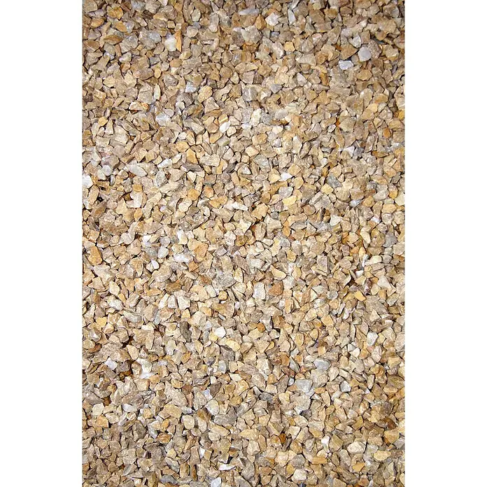 Min2C Mulch Mineralisch - Gelb, Körnung: 8 mm - 16 mm, 25 kg - Nahaufnahme von dekorativem Goldquarz-Splitt. Ideal für Gartenwege und Zierflächen, robust und farbecht für langanhaltende Schönheit im Außenbereich.