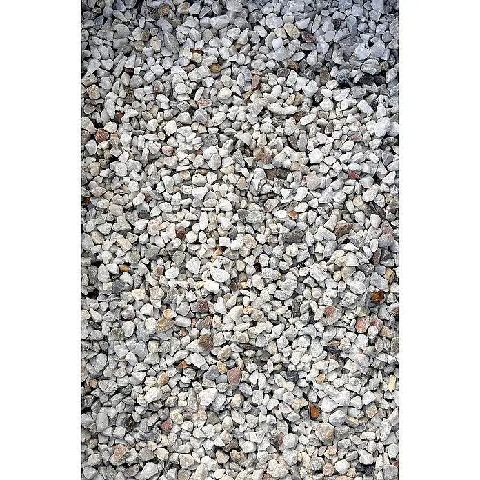 Min2C Mulch Mineralisch - Hell, Körnung: 8 mm - 16 mm, 25 kg - Nahaufnahme von kleinen, unregelmäßig geformten, weißen und grauen Zierkieseln für Gartenwege oder als dekoratives Element.