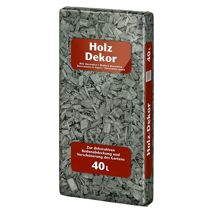 Dekor-Mulch - 40 l, Anthrazit - 40L Sack mit grauen Holz-Dekorschnitzeln für die Bodendekoration im Garten.