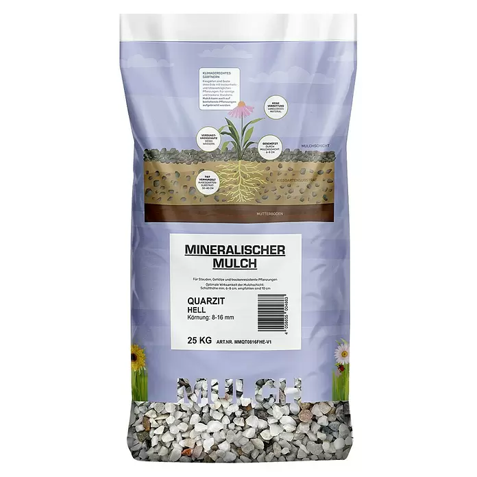 Min2C Mulch Mineralisch - Hell, Körnung: 8 mm - 16 mm, 25 kg - Sack heller Quarzit Mineralmulch (8-16mm) für klimagerechtes Gärtnern und trockenresistente Pflanzen.