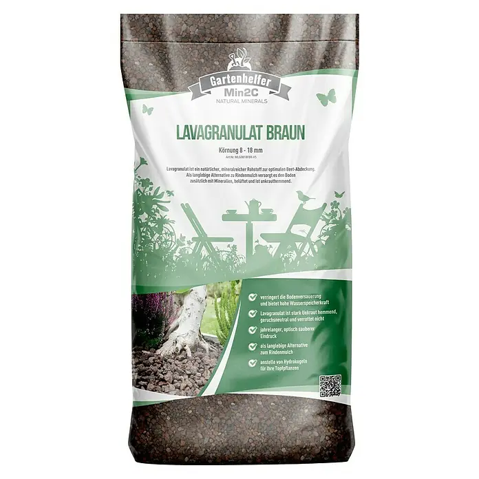 Min2C Lavamulch - Rot-Braun, Körnung: 8 mm - 16 mm, 20 l - Lavagranulat Braun von Gartenhelfer Min2C: Ein natürlicher, mineralreicher Rohstoff für optimale Beetabdeckung und als Alternative zu Rindenmulch.